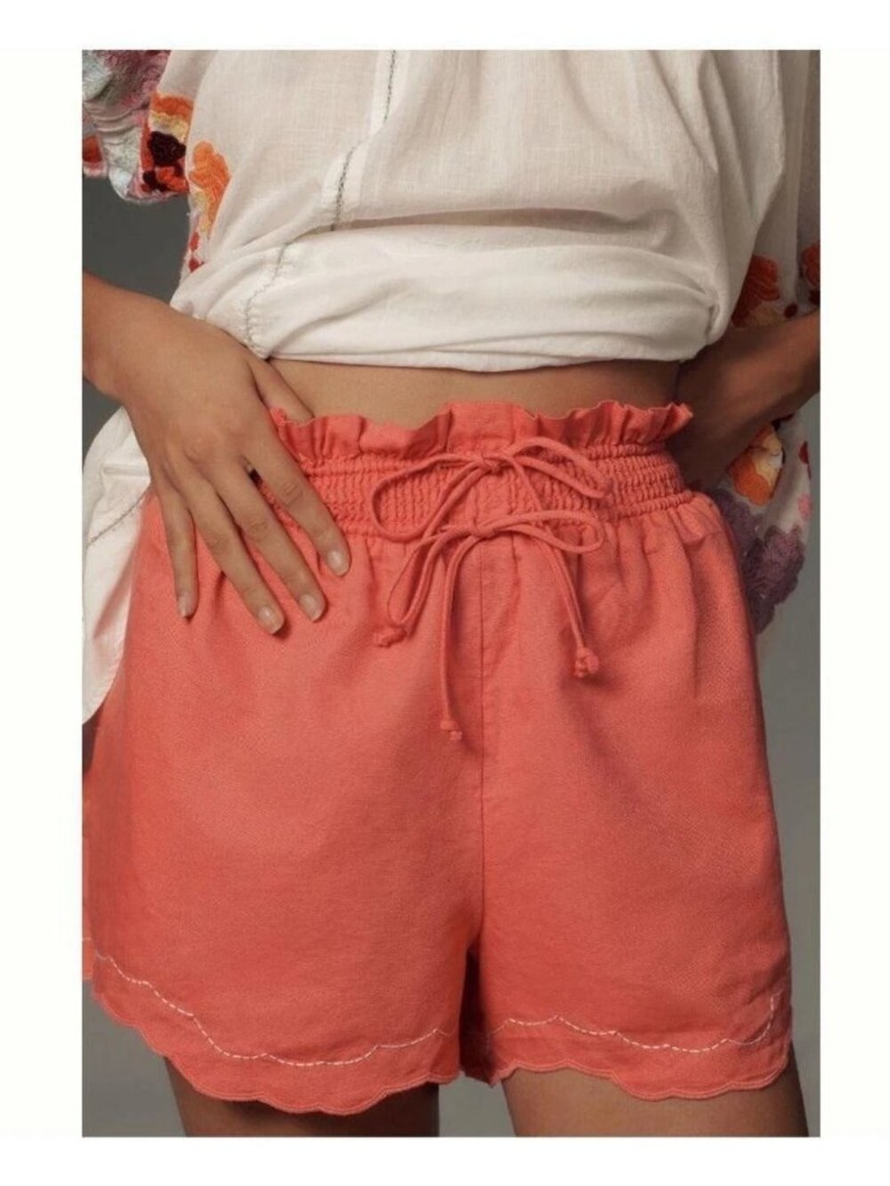 By Anthropologie Linen Double Waistband Shorts Pull-On Smocked Ruffle XXS 291237